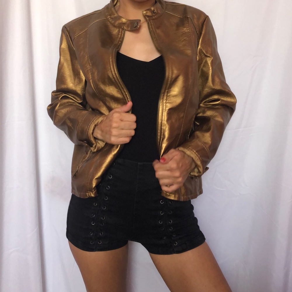 Trendy gold faux leather jacket